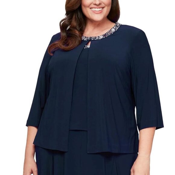 New Alex Evenings Tea Length Navy Blue 3/4 Sleeve Blazer P3377 - Picture 1 of 10